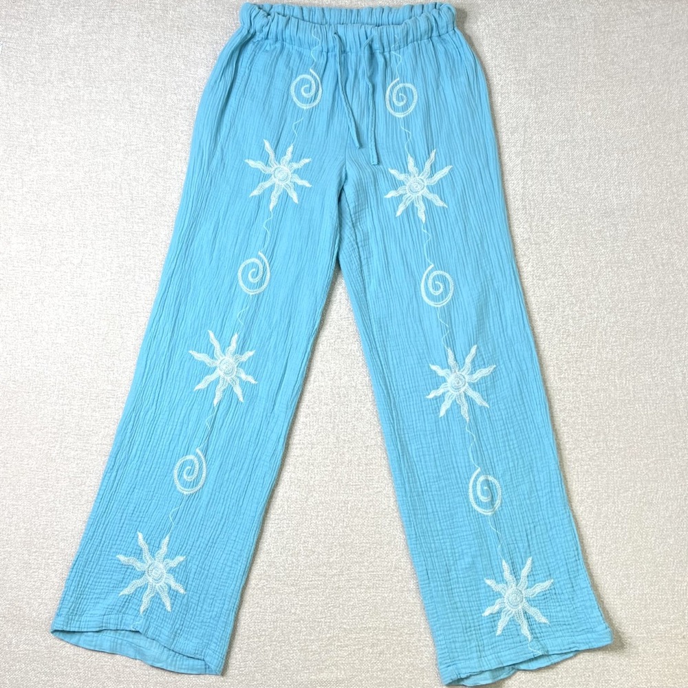 Just Living 100% Cotton Pants Gauze Blue Embroidered Sun Boho Hippie Wide Leg M